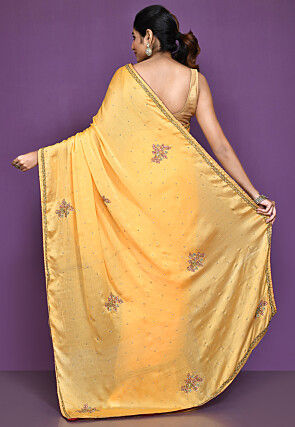 Hand Embroidered Satin Chiffon Saree in Yellow