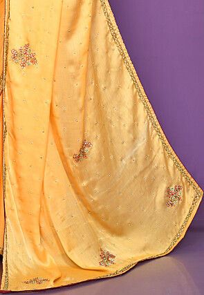 Hand Embroidered Satin Chiffon Saree in Yellow