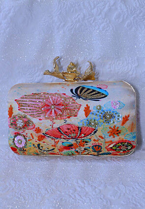 Hand Embroidered Satin Clutch Bag in Multicolor