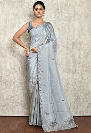 Hand Embroidered Satin Crepe Shimmer Saree in Dusty Blue