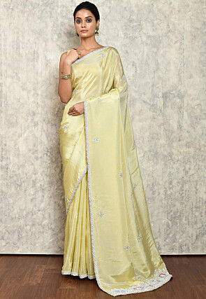 Hand Embroidered Satin Crepe Shimmer Saree in Light Yellow