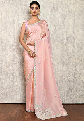 Hand Embroidered Satin Crepe Shimmer Saree in Pink (Dual Tone)