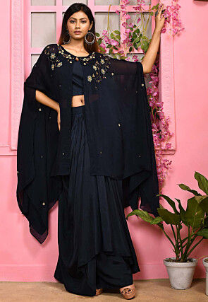 Hand Embroidered Satin Crop Top Set in Navy Blue