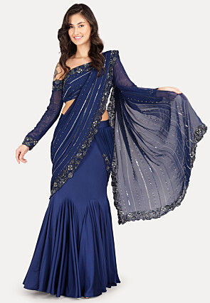 Hand Embroidered Satin Georgette Lehenga in Navy Blue