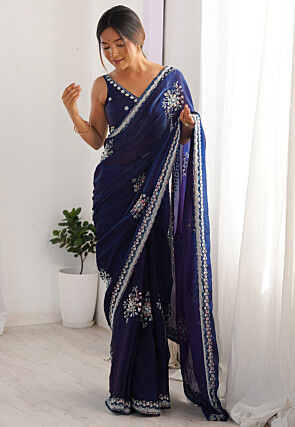 Hand Embroidered Satin Georgette Saree in Navy Blue