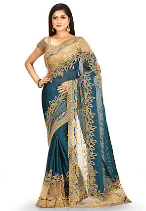 Hand Embroidered Satin Georgette Saree in Teal Blue
