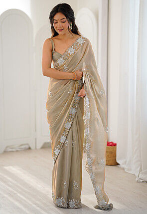Hand Embroidered Satin Georgette Scalloped Saree in Beige