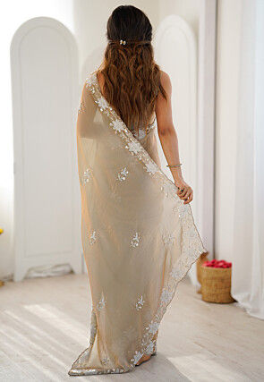 Hand Embroidered Satin Georgette Scalloped Saree in Beige