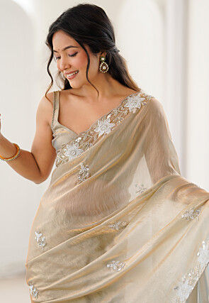 Hand Embroidered Satin Georgette Scalloped Saree in Beige