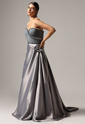 Hand Embroidered Satin Gown in Grey