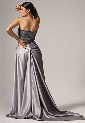 Hand Embroidered Satin Gown in Grey