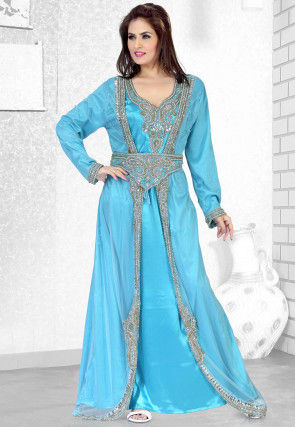 Hand Embroidered Satin Moroccan Abaya in Turquoise