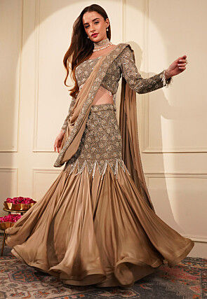 Hand Embroidered Satin Lehenga in Brown