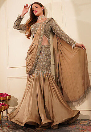 Hand Embroidered Satin Lehenga in Brown