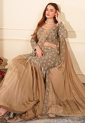 Hand Embroidered Satin Lehenga in Brown