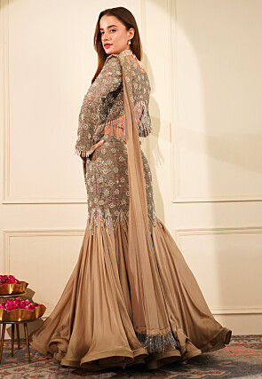 Hand Embroidered Satin Lehenga in Brown