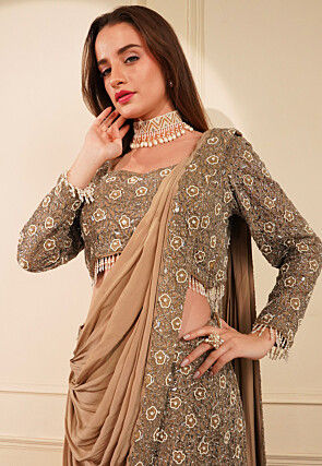 Hand Embroidered Satin Lehenga in Brown