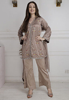 Hand Embroidered Satin Pakistani Suit in Fawn