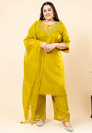 Hand Embroidered Satin Pakistani Suit in Light Olive Green