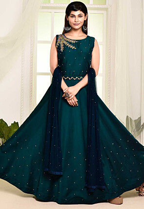 Hand Embroidered Satin Silk Abaya Style Suit in Teal Blue