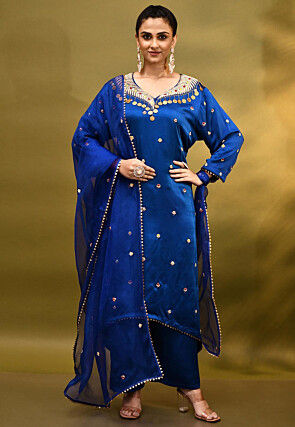 Hand Embroidered Satin Silk Asymmetric Pakistani Suit in Royal Blue