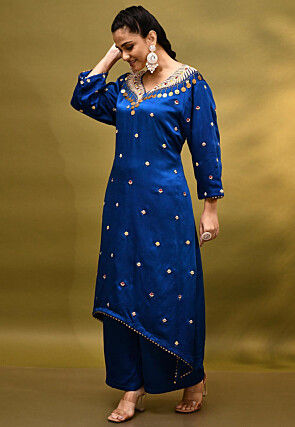 Hand Embroidered Satin Silk Asymmetric Pakistani Suit in Royal Blue