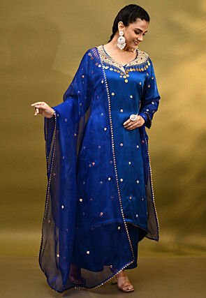 Hand Embroidered Satin Silk Asymmetric Pakistani Suit in Royal Blue