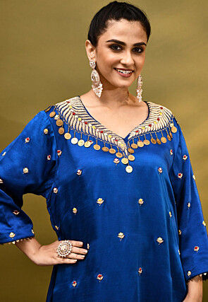 Hand Embroidered Satin Silk Asymmetric Pakistani Suit in Royal Blue