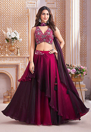 Hand Embroidered Satin Silk Lehenga in Shaded Magenta and Purple