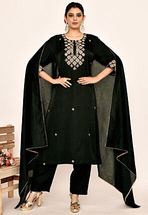 Hand Embroidered Satin Silk Pakistani Suit in Dark Green