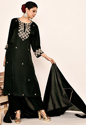 Hand Embroidered Satin Silk Pakistani Suit in Dark Green