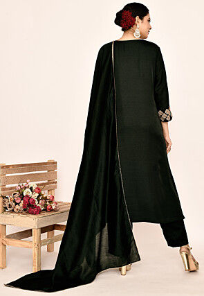 Hand Embroidered Satin Silk Pakistani Suit in Dark Green