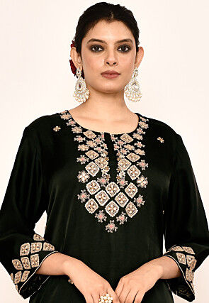 Hand Embroidered Satin Silk Pakistani Suit in Dark Green
