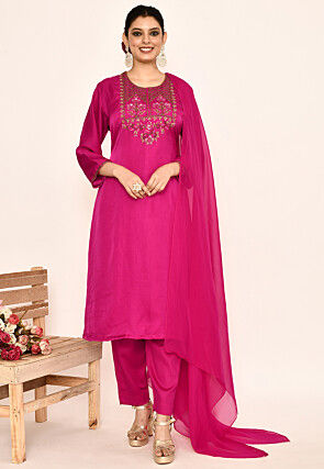 Hand Embroidered Satin Silk Pakistani Suit in Fuchsia