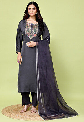 Hand Embroidered Satin Silk Pakistani Suit in Grey