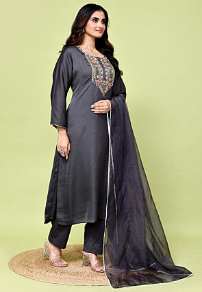 Hand Embroidered Satin Silk Pakistani Suit in Grey