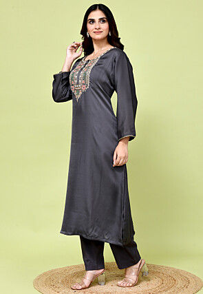 Hand Embroidered Satin Silk Pakistani Suit in Grey