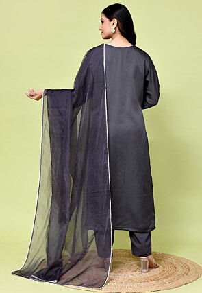 Hand Embroidered Satin Silk Pakistani Suit in Grey
