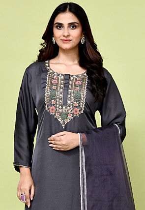 Hand Embroidered Satin Silk Pakistani Suit in Grey
