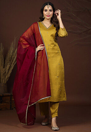 Hand Embroidered Satin Silk Pakistani Suit in Old Gold