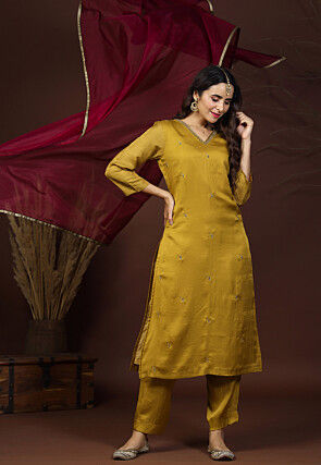 Hand Embroidered Satin Silk Pakistani Suit in Old Gold