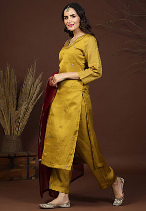 Hand Embroidered Satin Silk Pakistani Suit in Old Gold