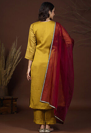 Hand Embroidered Satin Silk Pakistani Suit in Old Gold