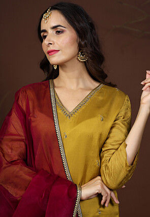 Hand Embroidered Satin Silk Pakistani Suit in Old Gold