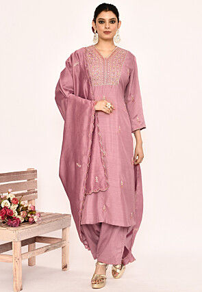 Hand Embroidered Satin Silk Pakistani Suit in Old Rose