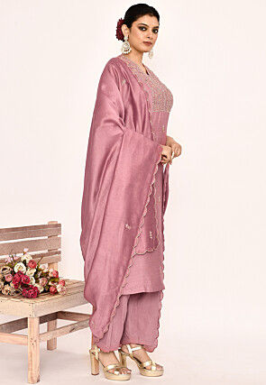 Hand Embroidered Satin Silk Pakistani Suit in Old Rose
