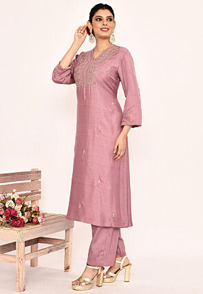 Hand Embroidered Satin Silk Pakistani Suit in Old Rose