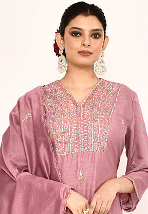 Hand Embroidered Satin Silk Pakistani Suit in Old Rose