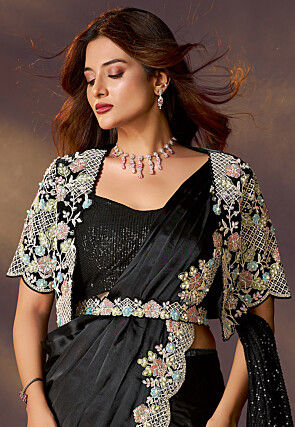 Pre Stitched Satin Silk Scalloped Saree in Black