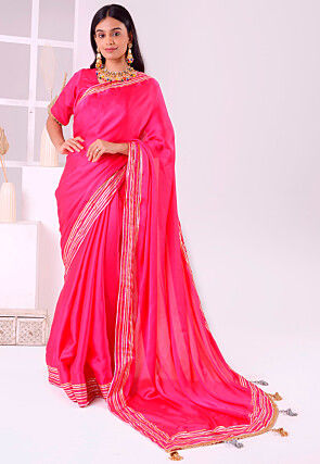 Hand Embroidered Satin Silk Saree in Fuchsia